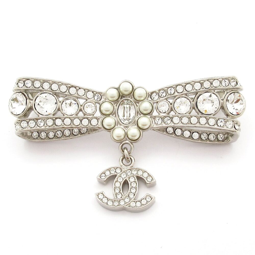 Chanel Coco Brooch Silver Clear White